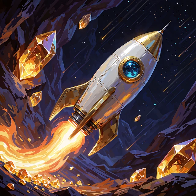 S&oslash;lvhvid raket med gyldne finner der stiger diagonalt - illustration af JB Originals Crash-spillet