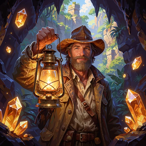 Sk&aelig;gget eventyrer med messinglanterne foran jungleruiner - kategori for BGaming-slots