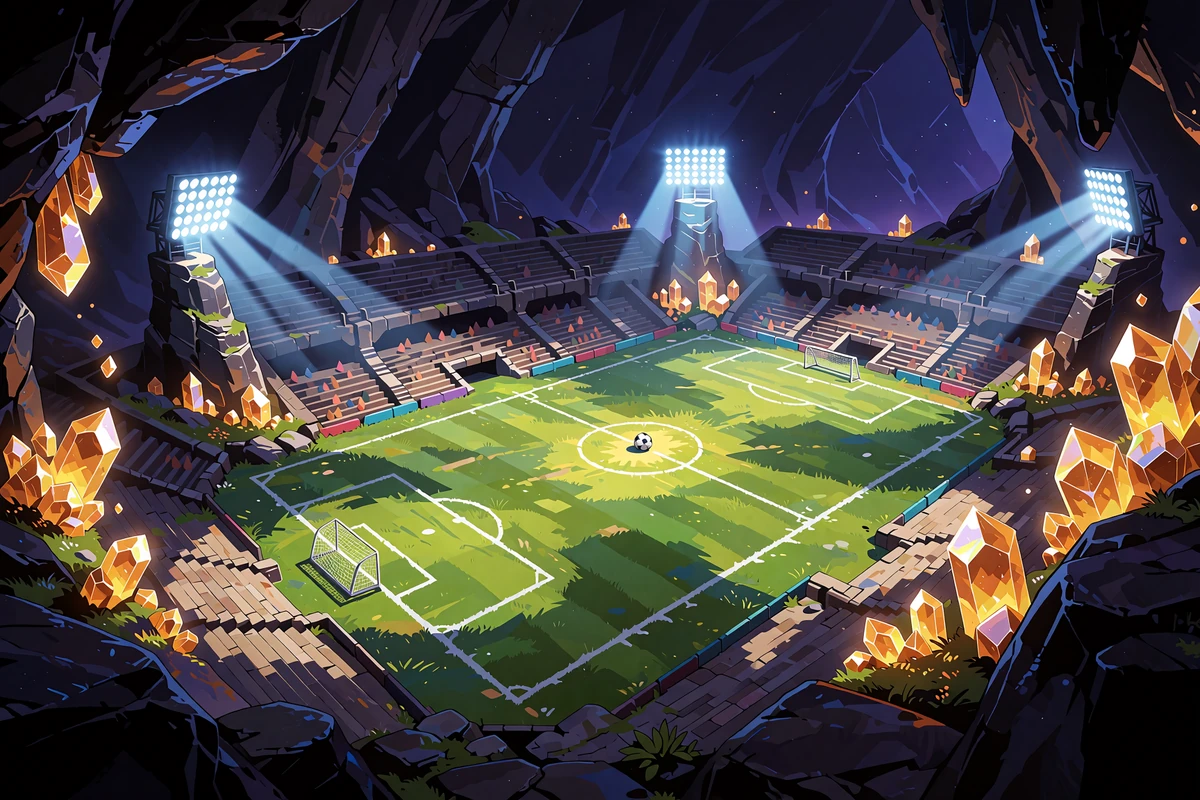 Fodboldbane under projekt&oslash;rer i en stor grotte med gyldne krystaller - sportsbook med crypto hos JB Casino