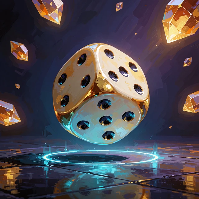Sv&aelig;vende elfenbensgylden terning over en cyan lysring - illustration af JB Originals Dice
