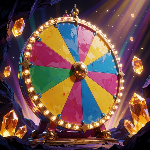 Stort farverigt pr&aelig;miehjul med lysp&aelig;rer i et studie - live game shows
